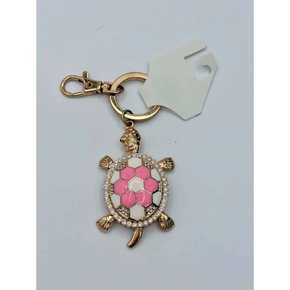 Pink White Sea Turtle Keychain Gold Tone Rhinestone Enamel Bag Charm Accessory